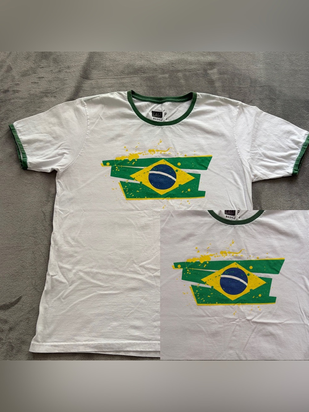 White Graphic Ringer Tee with Brazil Flag Motif